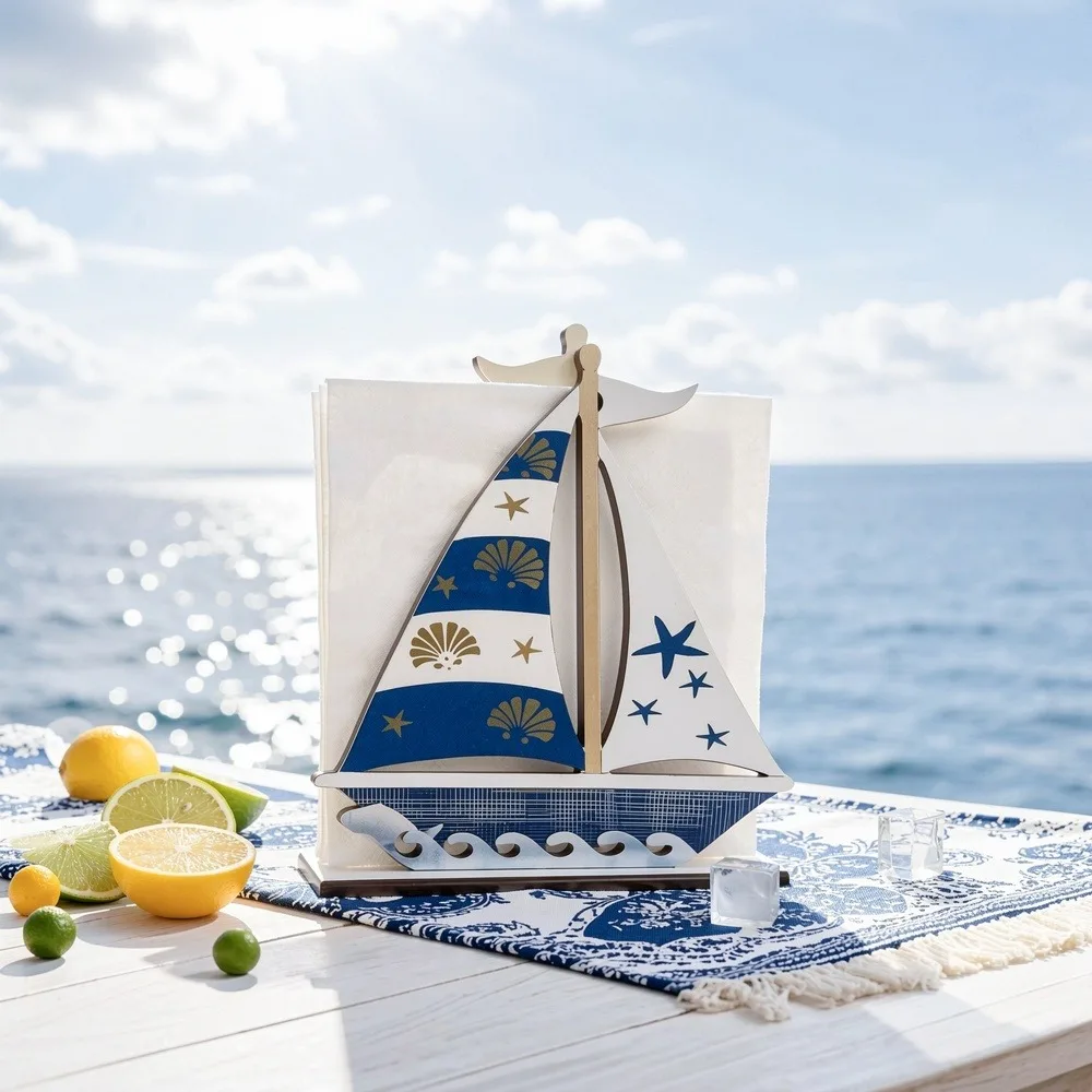 Sailboat Shaped Wooden Napkin Holder Nautical Coastal Style Paper Towel Holder for Kitchen Dining Table Beach Themed Home Decor