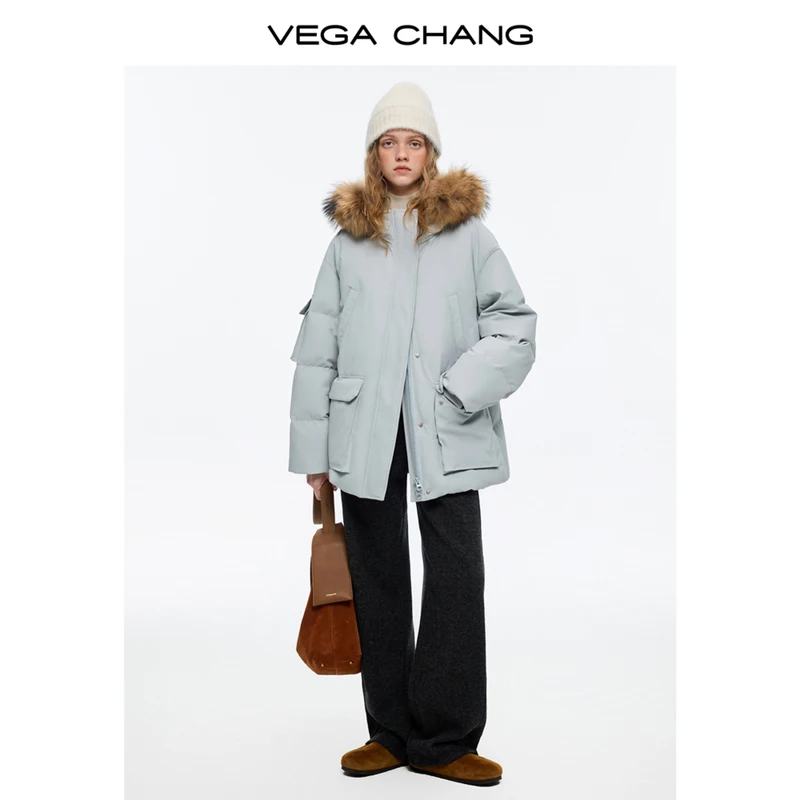 Vega Chang New Winter Women's down Jacket with Detachable Raccoon Fur Collar Dupont Three-Proof down Jacket