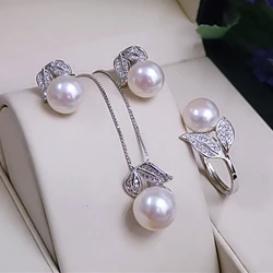Real Pearl Necklace and Earrings For Women Natural Freshwater White Pearl Jewelry Set 925 Sterling Silver Jewelry Sets Gift