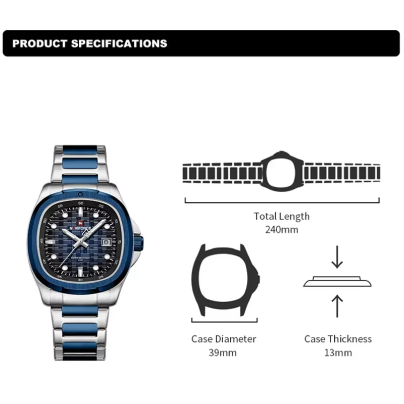 NAVIFORCE Original Watches Men\'s Fashion Square Style Sports Military Waterproof shockproof Date Display Wrist Watch Male Clocks