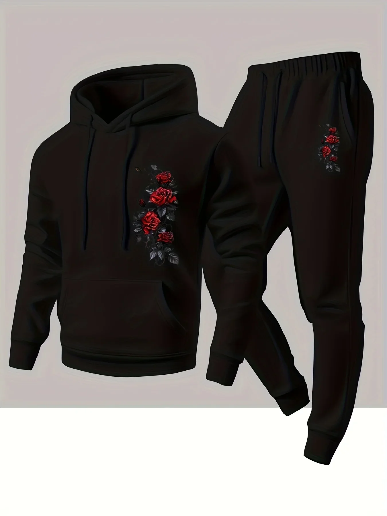 2026 Rose Printed Sportswear Set Men's Hooded Sweatshirt Long Pants Set Spring and Autumn Winter Warm Suit