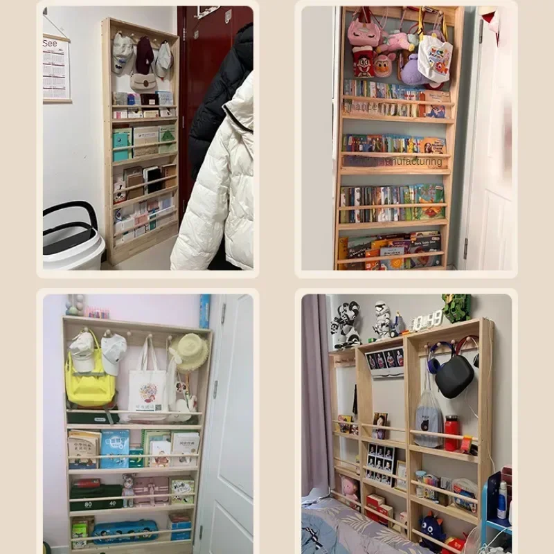Door-Back Ultra-Thin Bookshelf Solid Wood No-Drill Storage Cabinet Children\'s Book Rack Wall-Mounted Space-Saving Coat Rack