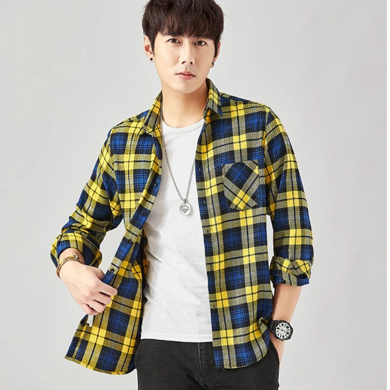 2026 New Men Casual Plaid Flannel Shirt Long-Sleeved Chest  with Pocket Design Fashion Boy Young Button Clothes