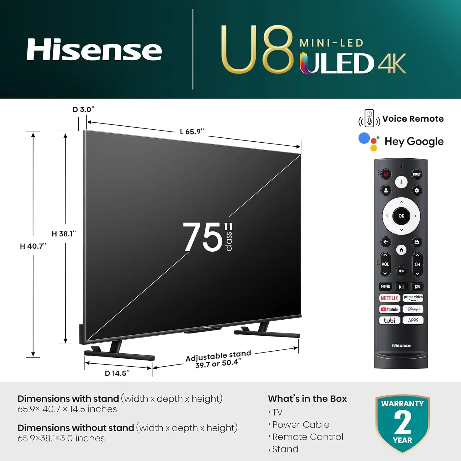 75 بوصة فئة U8 Series Mini-LED ULED 4K UHD Google Smart TV (75U8K) - QLED، معدل حركة 480، لعبة 144 هرتز