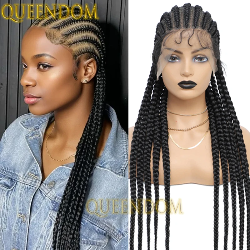 Volle Spitze Box geflochtene Perücke synthetische 36 Zoll Göttin häkeln Cornrow Zöpfe Zopf Perücken knotenlose Faux Locs Distressed Braids Perücken