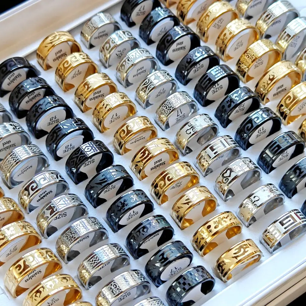 

Wholesale 20pcs/lot Men Band Stainless Steel Finger Rings Mix Style Florals 8mm Metal Plated Fashion Punk Party Jewelry Gift