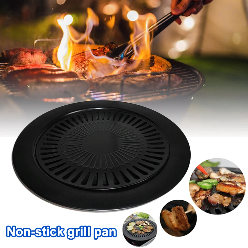 Round Barbecue Plate Tray Iron Bbq Grill Pan Non Stick Barbecues Cooking Plate Portable Grill Rack Pan Stovetop For Home Travel