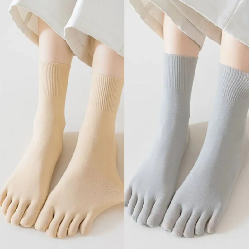1Pair Summer Thin Five-Toe Socks Women Solid Color Nylon Breathable Velvet Comfortable Mid Tube Socks Japanese Style Tabi Socks