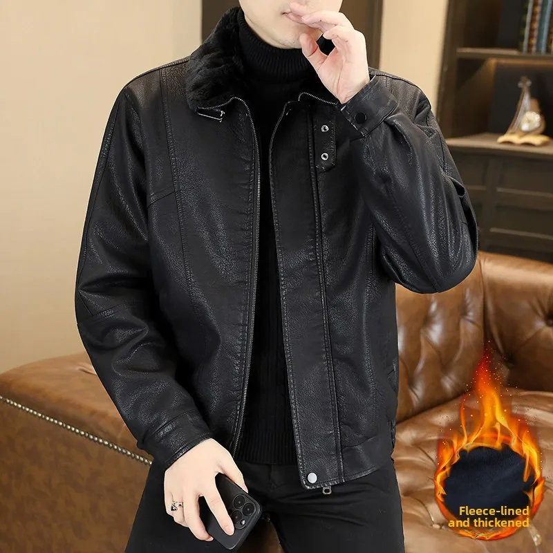 

Новая мужская зимняя куртка из искусственной кожи 2025 года, модная, с подкладкой, длинный рукав, воротник-стойка, стандартный крой