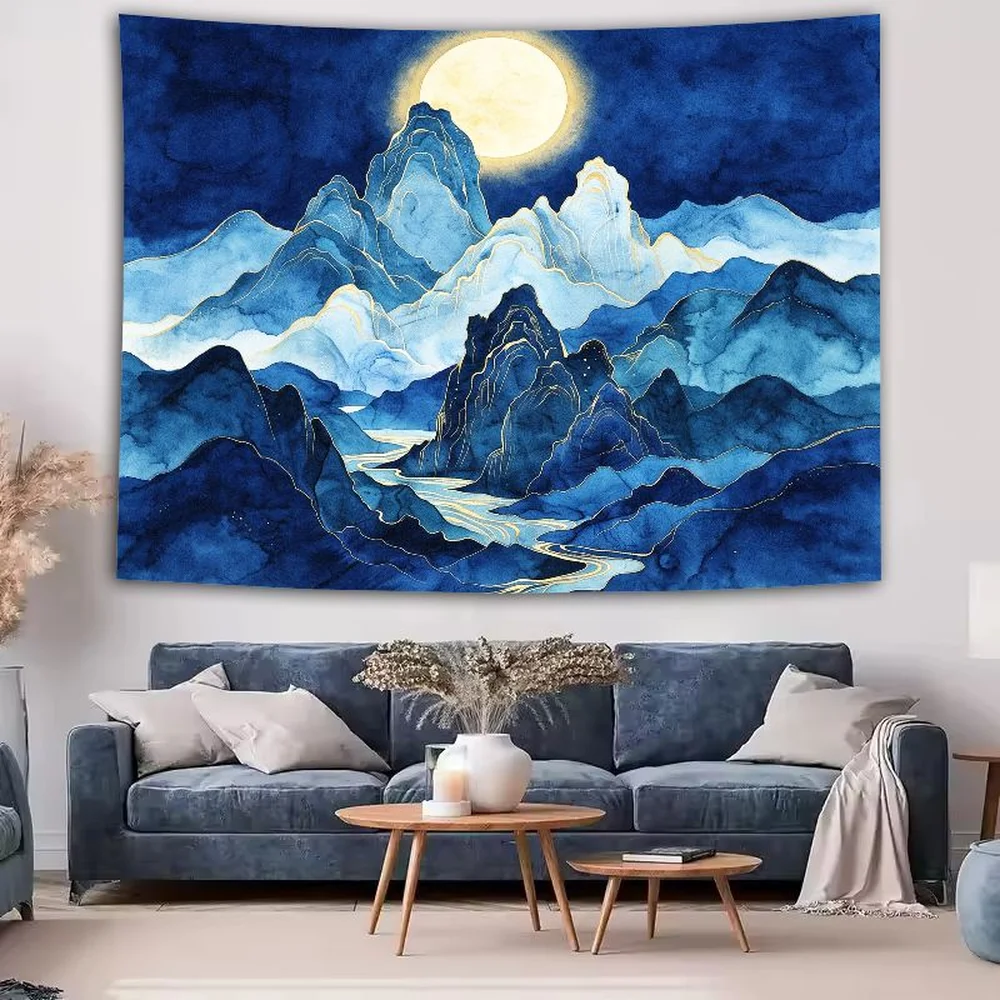 VIKAMA Blue Marble Mountain Tapestry, Gold Moon River Abstract Wall Hanging Modern Luxury Decor