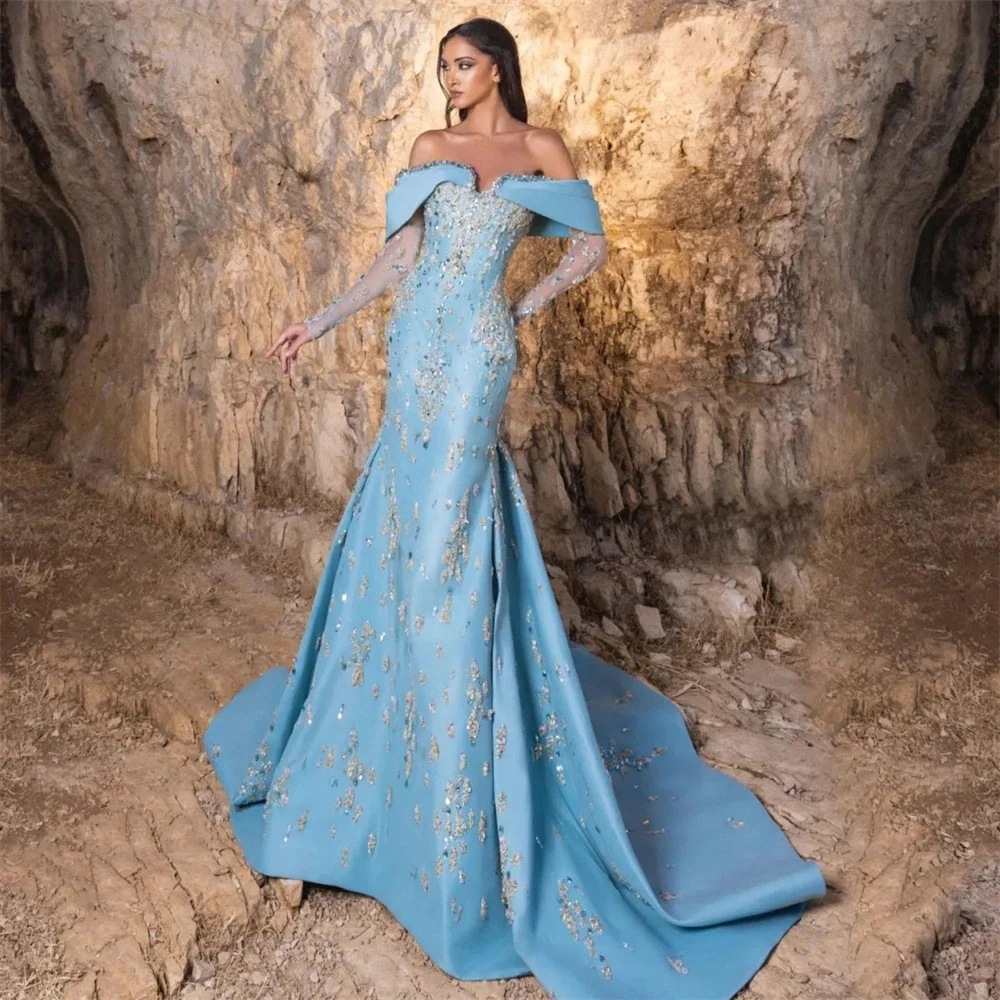 

Customized Formal Dress Saudi Arabia Evening Off-the-shoulder A-line Floor Length Sequin Lace Bespoke Occasion Dresses Prom Gown