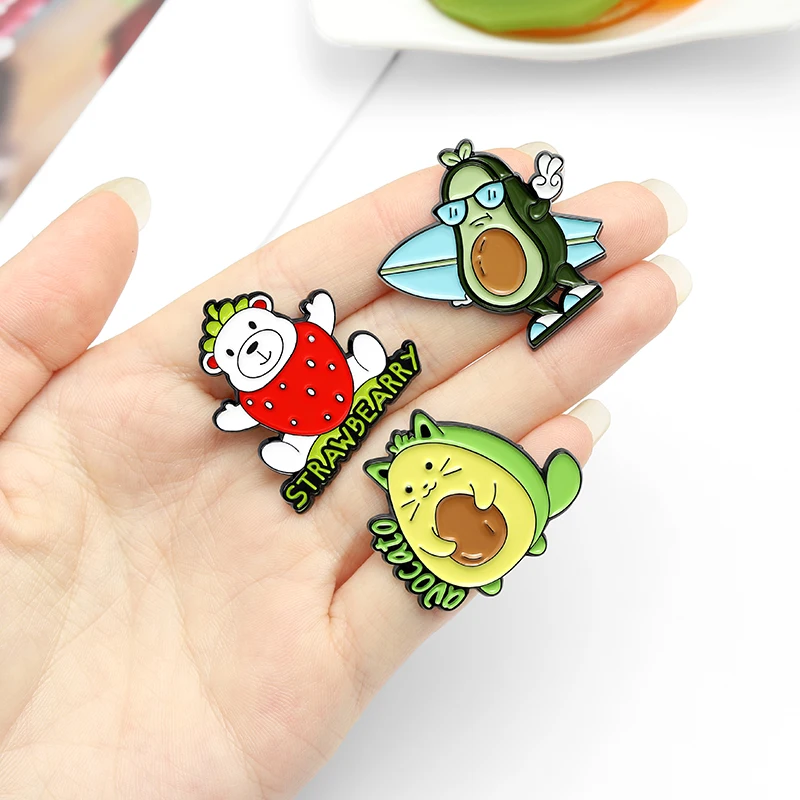 Avocado Enamel Pin Personality Fresh Fruit Brooch Strawberry Bear Brooch Cartoon Funny Badge Jewelry Gifts for Kids and Friends