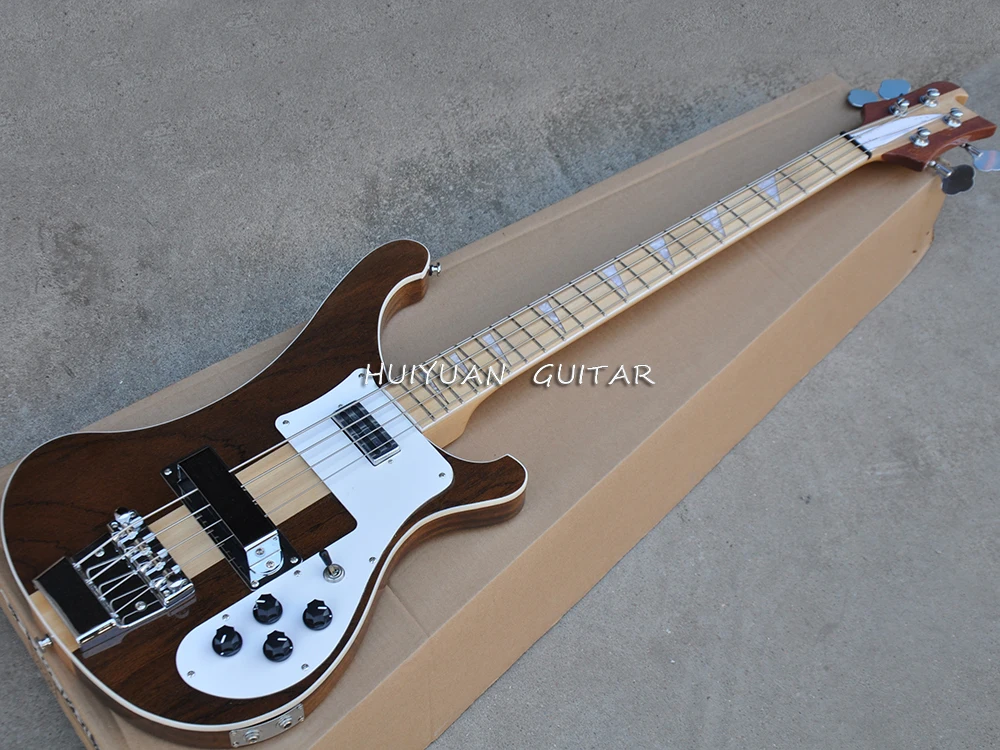 4 Strings Walnut Electric Neck-thru-body Bass Guitar with White Pickguard,Maple Fretboard with White Binding