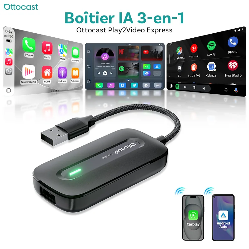 Ottocast 2026 Play2Video Express Kabelloser CarPlay-Adapter für Auto AI Box Kabelloser Android Auto-Adapter Plug & Play YouTube Netflix Spotify IPTV Schneller Versand aus Frankreich