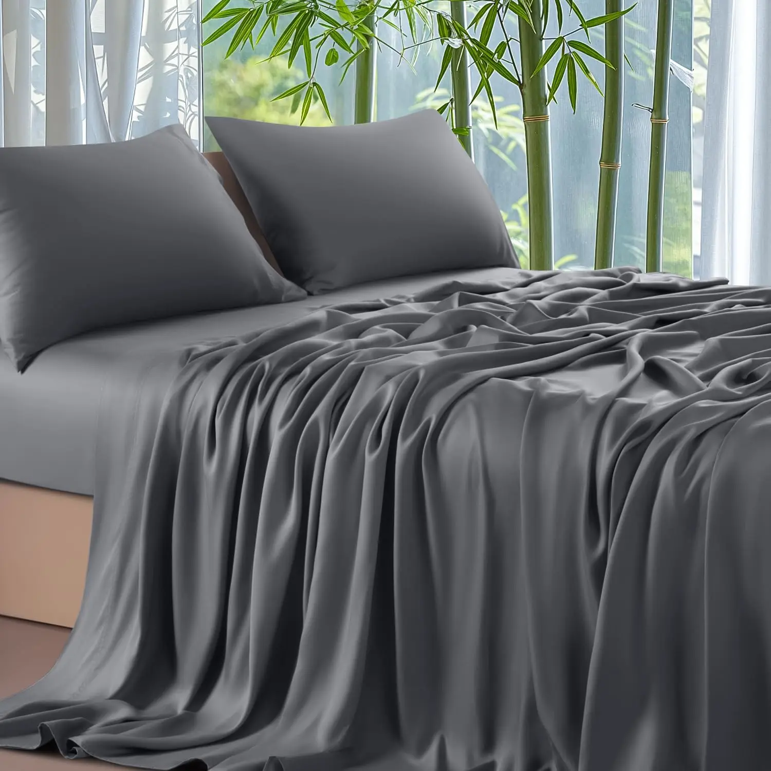 

100% Viscose Derived from Bamboo_ Sheets Queen Size 4pcs - Ultra Cooling & Silky Soft Bed Sheets, 16" Deep Pockets(Dark Grey)