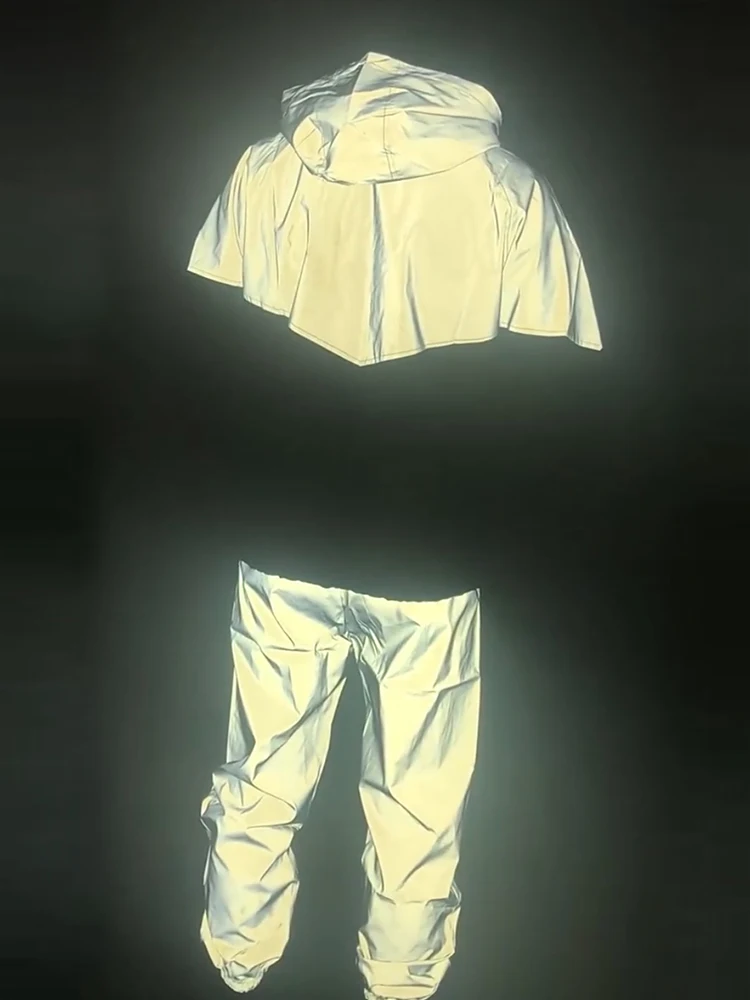 Men's Night Reflective Jacket Set Stitched Fashion Outwear Hoodie Waterproof Loose Coats and Pants Hip Hop Dance Streetwear