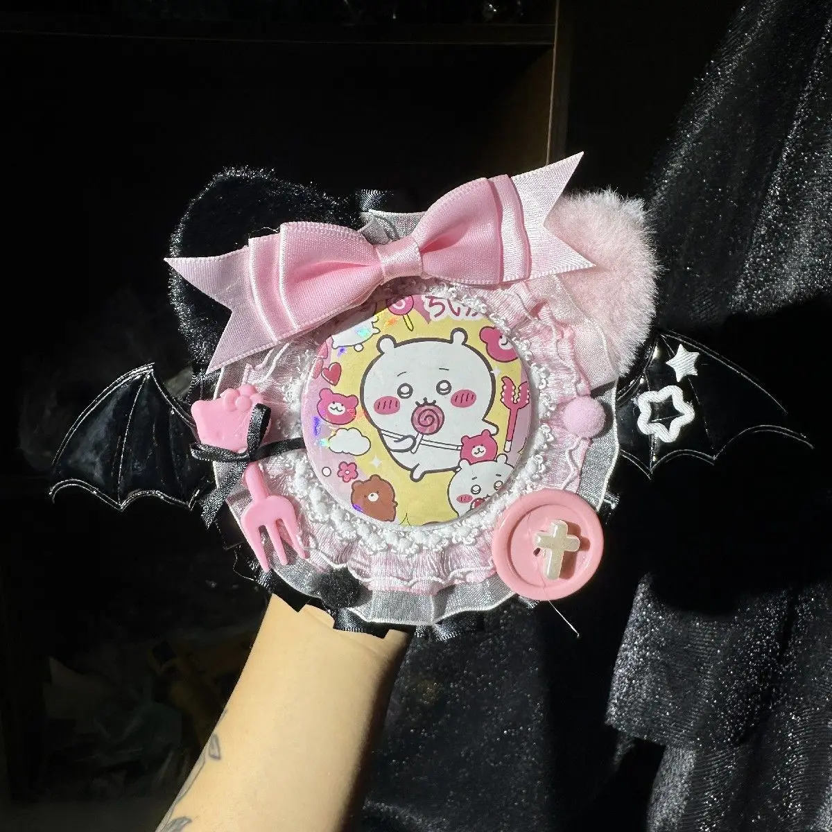 Original New Arrival Devil Cat Ears Badge Holder Handmade Lace Trim Gu Mei Badge Holder Cat Ears Accessory Ita Bag Decoration