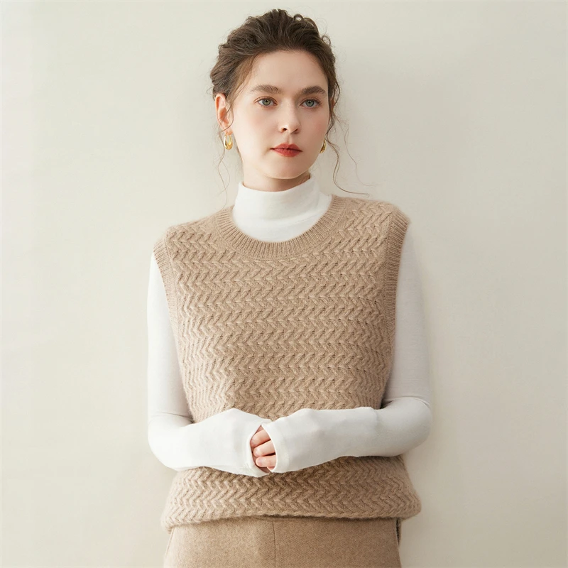 

Autumn Winter Women 100% Cashmere Vest O-neck Fishbone Pattern Pullover Sweater O-neck Cashmere Sweater Classy Woman Waistcoat