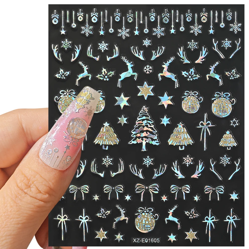 12Pcs 3D Weihnachten Nagel Aufkleber Reflektierende Glitter Weihnachten Baum Lebkuchen Schneeflocken Elch Klebe Aufkleber Neue Jahr Winter Slider