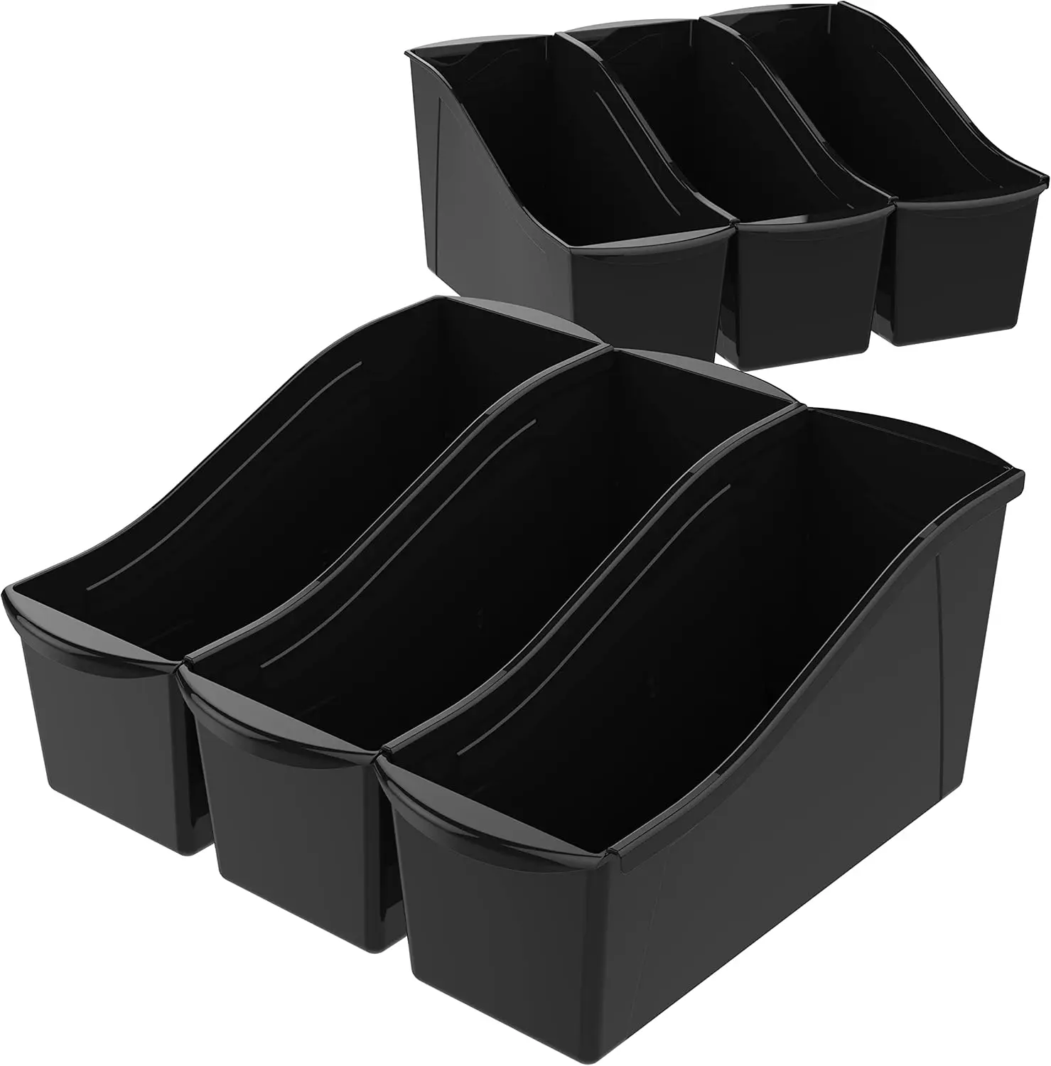 

Large Book Bin Interlocking Plastic Organizer with Handles for Home Office Workspace Black 6-Pack