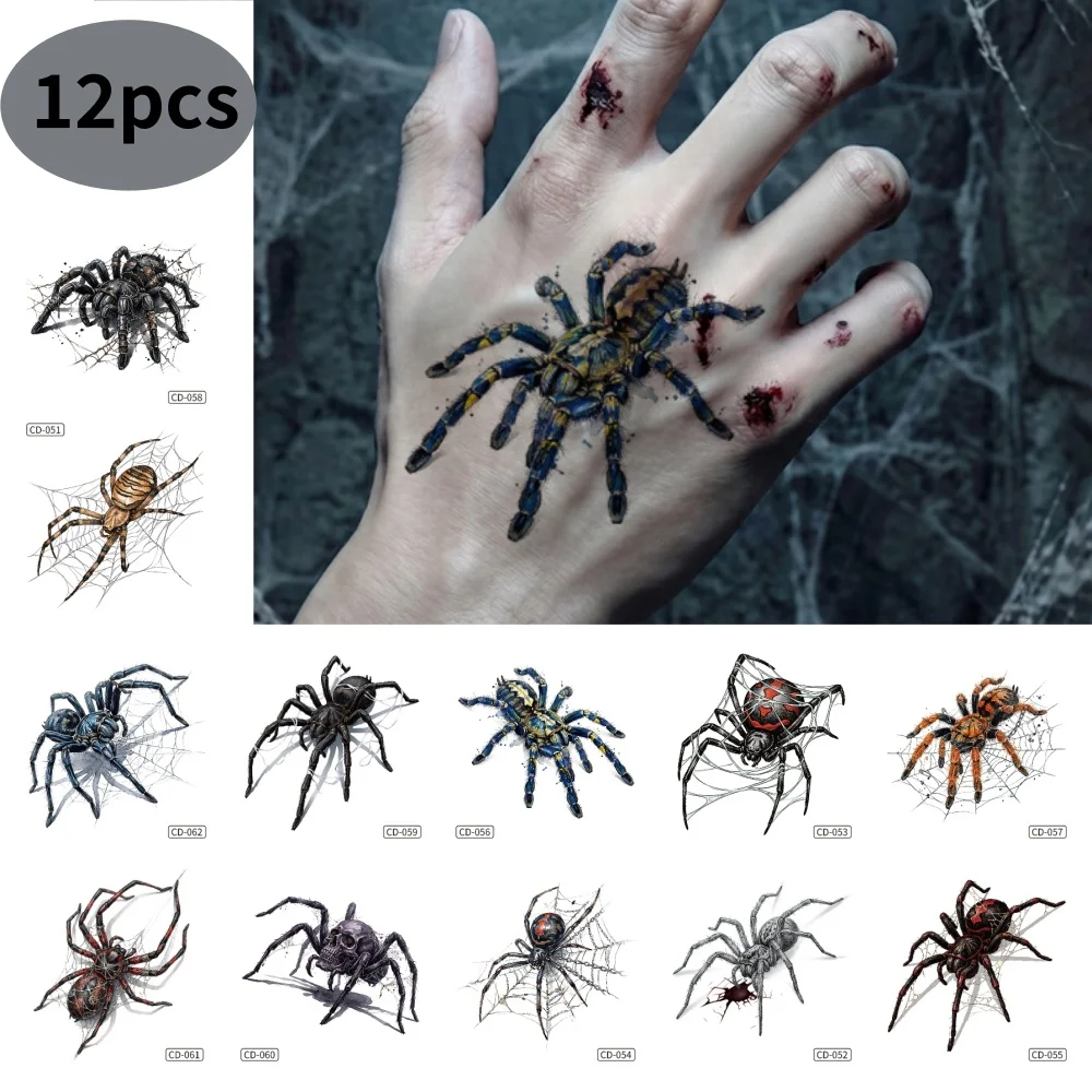 12Pcs 3D Spider Temporary Tattoo Stickers Waterproof Realistic Horror Fake Tattoo Gothic Halloween Body Art Sticker for Hand Cos