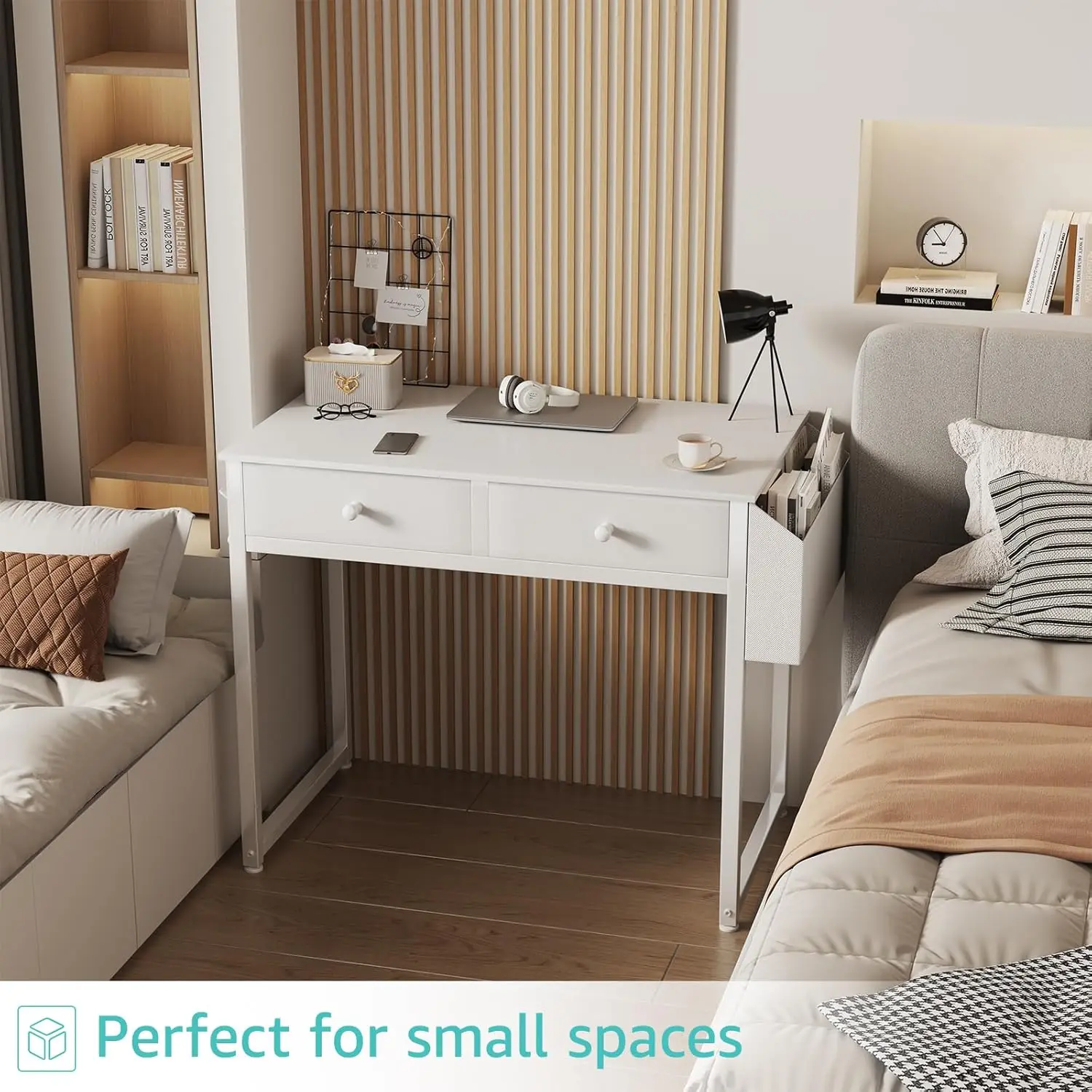 

Small White Desk with Drawers - for Bedroom, 32 Inch Home Office Computer Desk with Fabric Storage Drawer