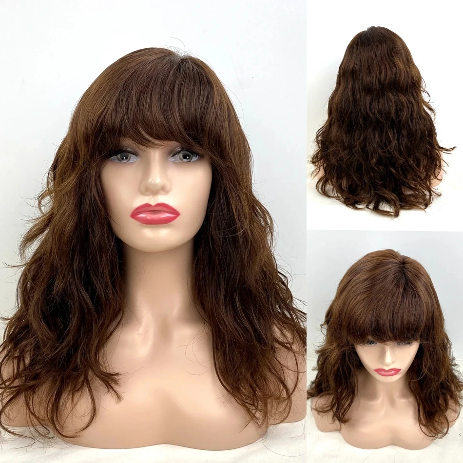 100% virgin human hair wig full cuticles natural wavy hair medium brown color long hair silk base top cap natural hairline wig