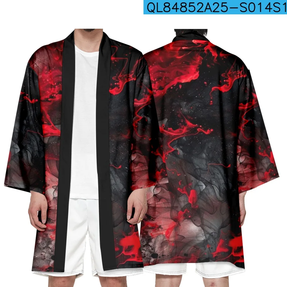 Japanese Print Black Long Kimono Traditional Casual Beach Cardigan Yukata Women Men Cosplay Haori Asian Clothing