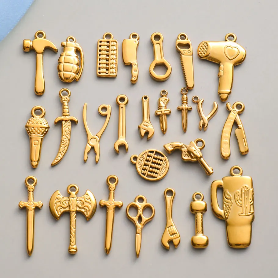 

6pcs Tools Pendant Sword Gun Axe Real Gold Plated Stainless Steel Charms For Jewelry Making Necklace Keychain Handmade Material