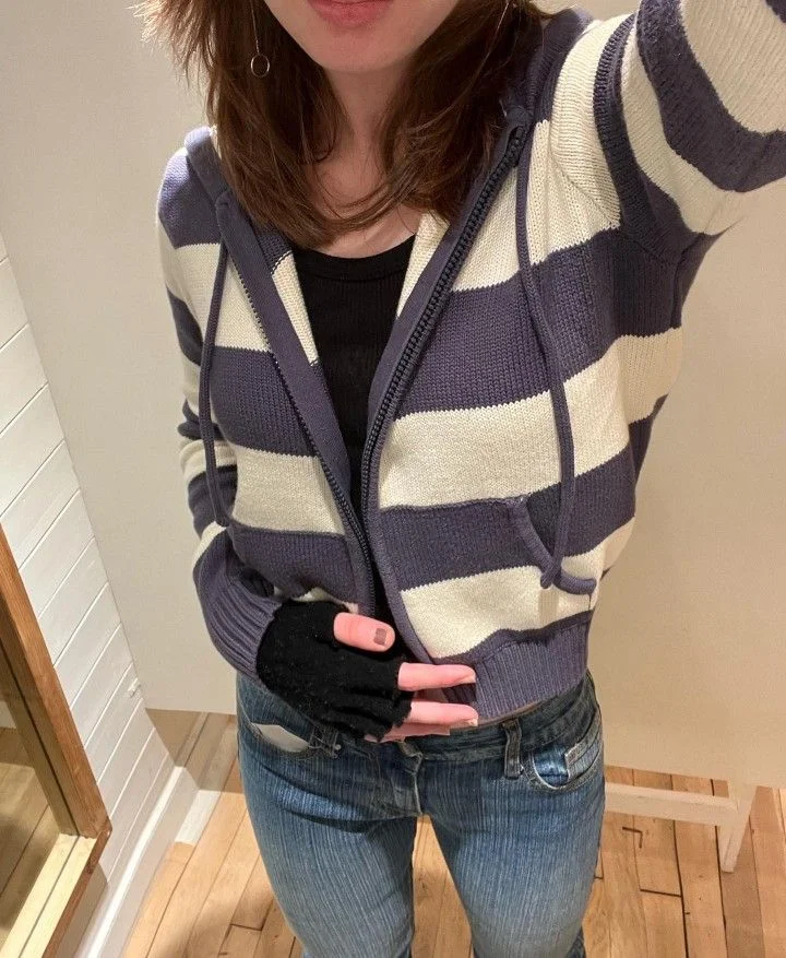 Gestreifte gestrickte abgeschnittene Pullover Strickjacke Frauen Herbst Langarm mit Kapuze Reißverschluss kurze Streetwear Strickwaren Pullover Y2K Crop Tops – Detail 12