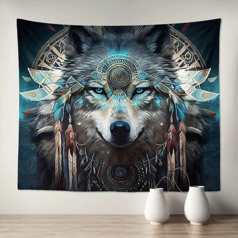 Shamanic Tribal Wolf Wall Hanging Tapestry Art Home Decor for Kids Room Living Bedroom Dorm gift