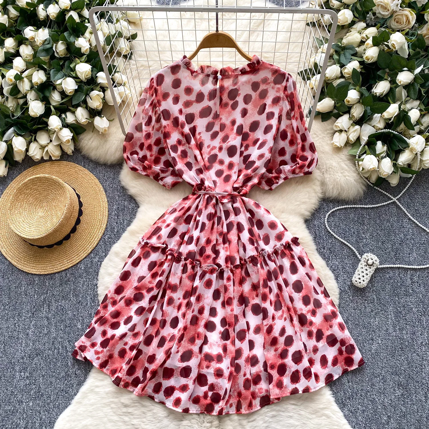 

Dress Women Short Dresses High Waist Vestidos Puff Sleeve Elegant Splice Y2k Streetwear Work Party Night Print Dot 2025