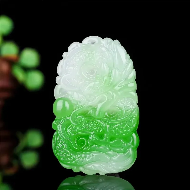 Green and White Hand-Carved Jade Dragon Pendant Beads Necklace Natural Chinese Carved Jadeite Jewelry Charm Amulet Fashion Gifts