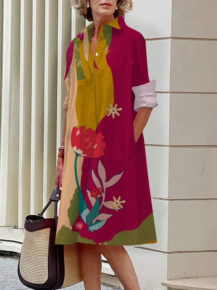 Creative Printed Women's Shirt Dress Stylish and Elegant Dress Outdoor Street Casual Long-Sleeved Shirt Dress Women's Clothes