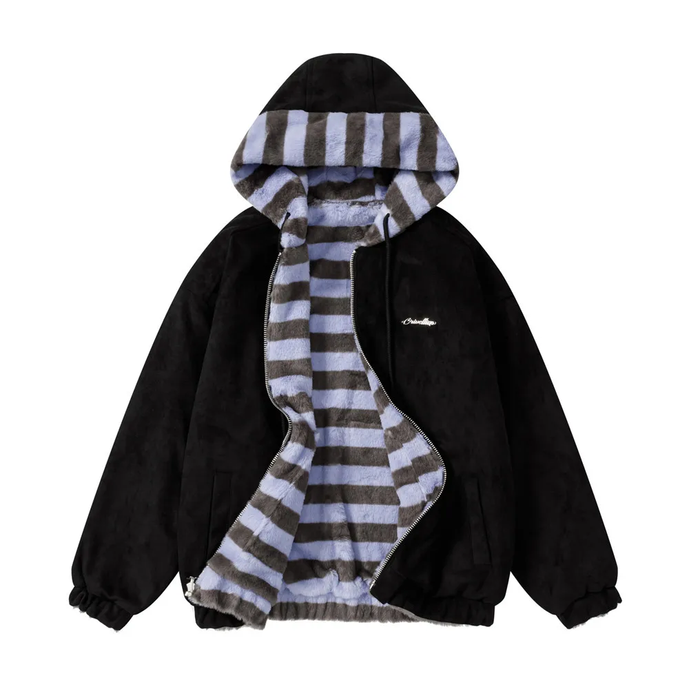 معطف أمريكي مبطن بغطاء للرأس على الوجهين للرجال فيبي للخريف والشتاء معطف مخطط فضفاض سميك #1