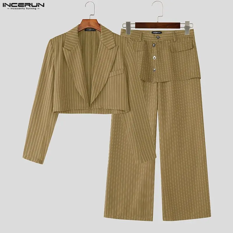 INCERUN Men Striped Sets Streetwear Open Stitch Long Sleeve Crop Blazer & Irregular Pants 2PCS Fashion Casual Men's Suits S-3XL