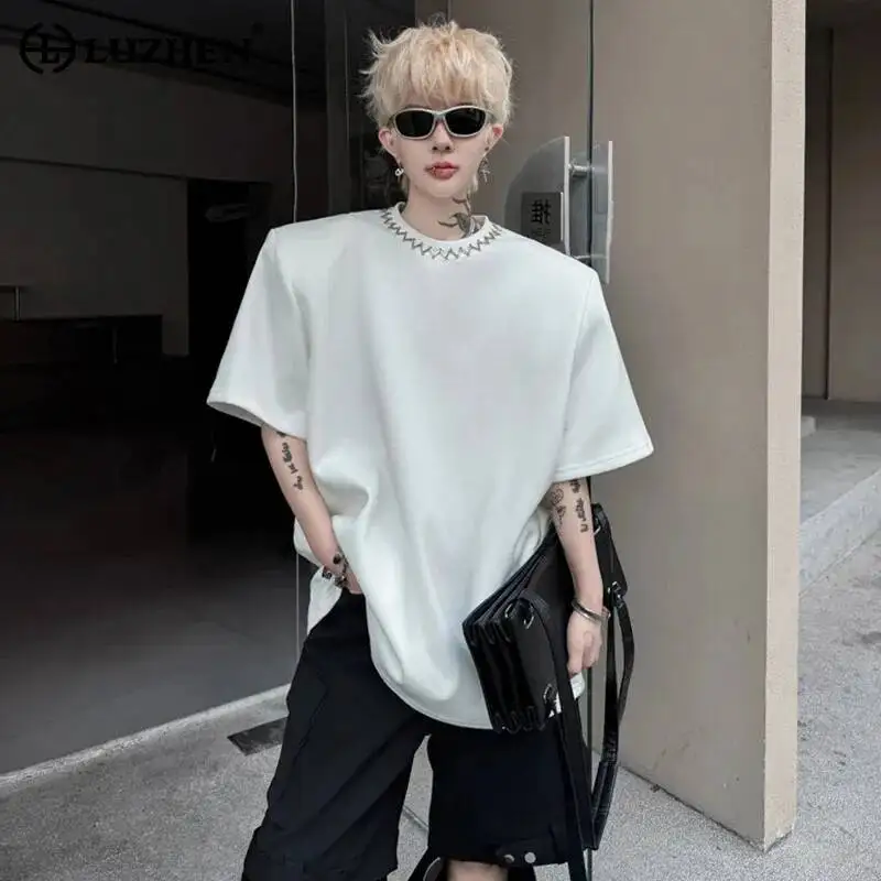 LUZHEN T-shirt Short Trendy Neck Handsome Sleeve Embroidery Round 2026 Summer Fashion Loose Shoulder Pad Street Male Tops JY7321