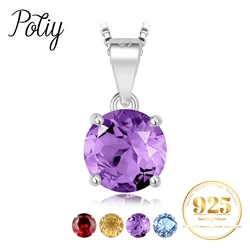 Potiy Round Natural 2.32ct Amethyst Citrine Sky Blue Topaz Garnet Pendant Necklace No Chain S925  for Women Daily Birthstones