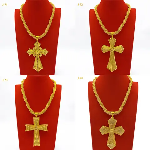 Ethiopian African Twist Chain Necklace 24K Gold Color Cross Pendant Necklace For Men Fashion Jewelry Accessories Party Gift