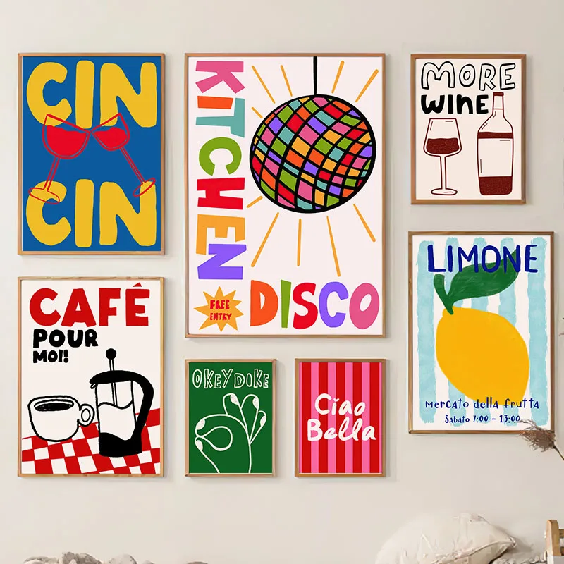 Trendy Coffee Cin Wine Cheers Retro Wine Print Posters Morning Food Print Painting Bar Cart Wall Art Decor Maximalist Room Decor