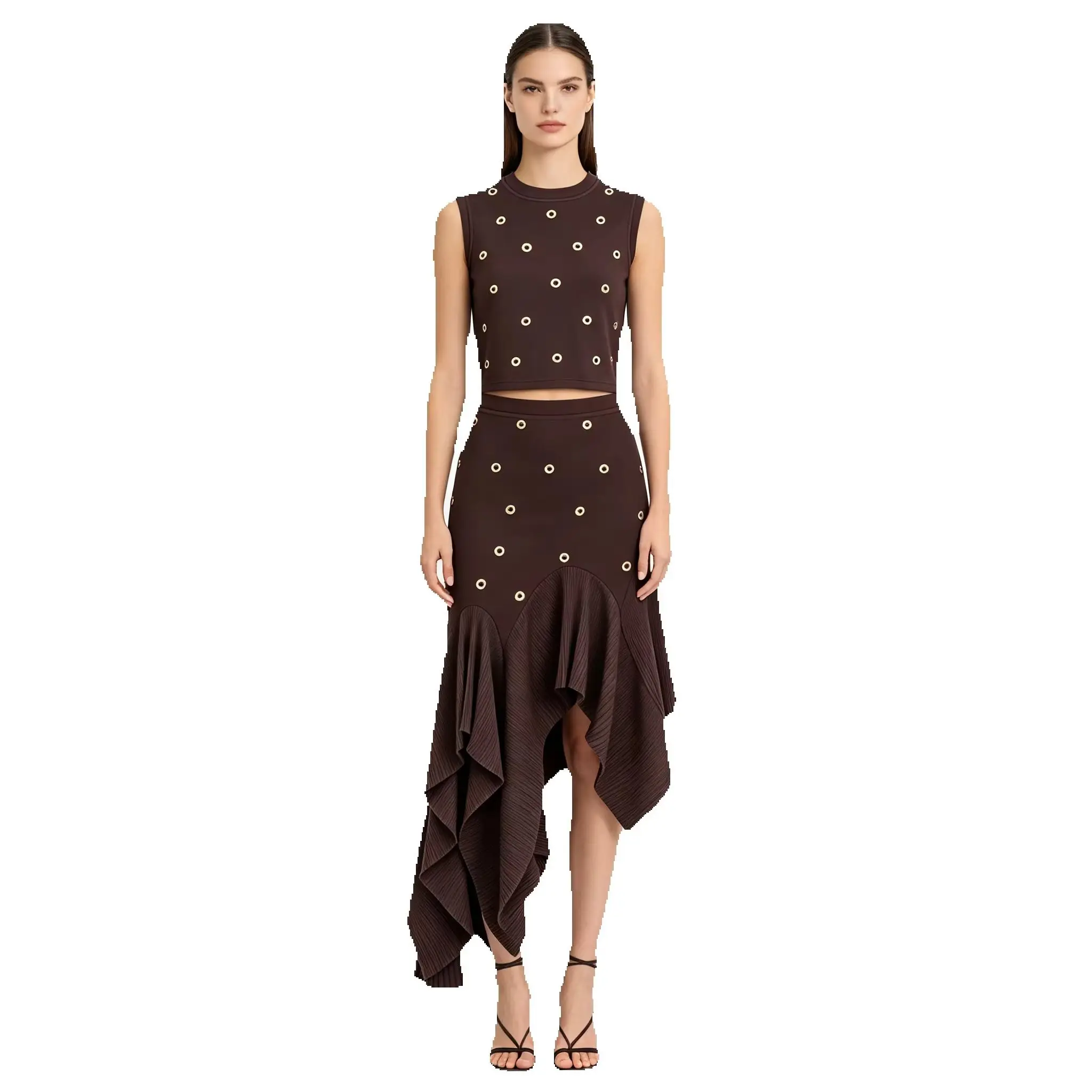 26239 High‑Quality Luxury Women Matching Set Gold Embellished Sleeveless Vest Slim Fit Asymmetrical Skirt Party 2‑Piece Suit