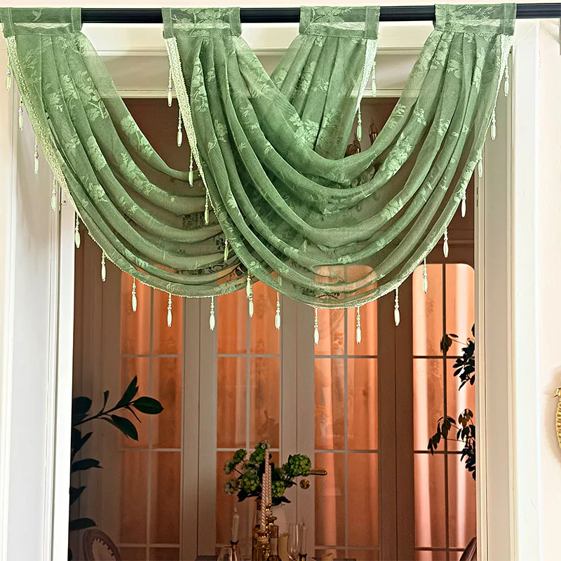 1PC French Farmhouse Sage Green Hollow Mirror Floral Lace Waterfall Swag Valance with Pearl Bead Tassels