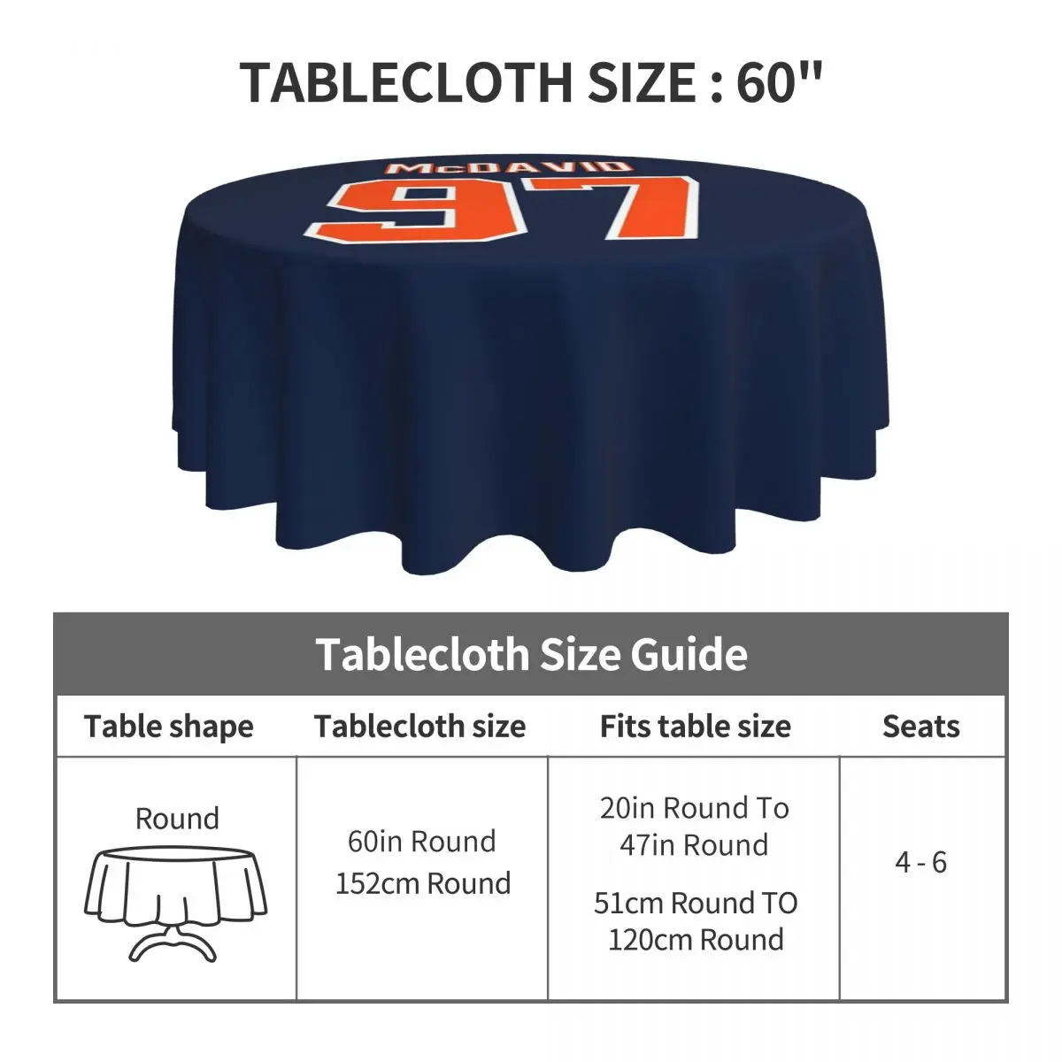 كونور ماك ديفيد 97 لمحبي إدمونتون أويلرز مفرش طاولة مستدير مقاوم للماء مفرش طاولة مقاوم للزيت للمناسبات المطبخ غطاء طاولة الطعام