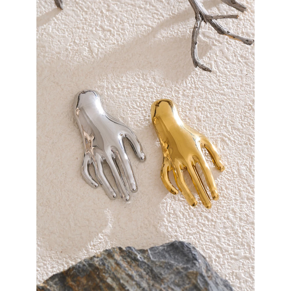 Yhpup Stylish Unique Glossy Stainless Steel Metal Hand Palm Brooch Pin Gold & Silver Color Creative Clothing Accessories New