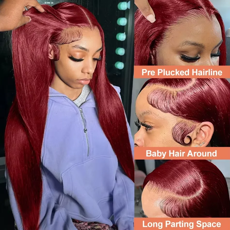 46 بوصة 99J شعر بشري أحمر اللون شعر مستعار أمامي 200 كثافة 13x6 HD الدانتيل الشفاف بورجوندي مستقيم الجبهة الباروكات للنساء #3