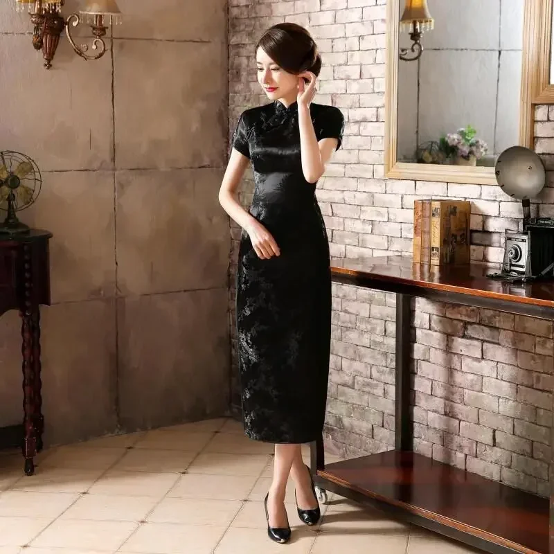 

Black Women's Long Cheongsam Traditional Chinese style Dress Qipao S M L XL XXL XXXL 4XL 5XL 6XL Mujer Vestido J3086