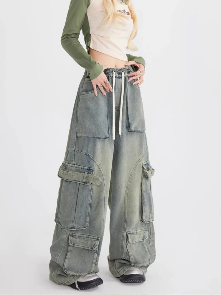 Multi-Pocket Cargo Pants Y2k Retro High Street Fashion High Waist Jeans Couple Harajuku Simple Casual Wide Leg Pants