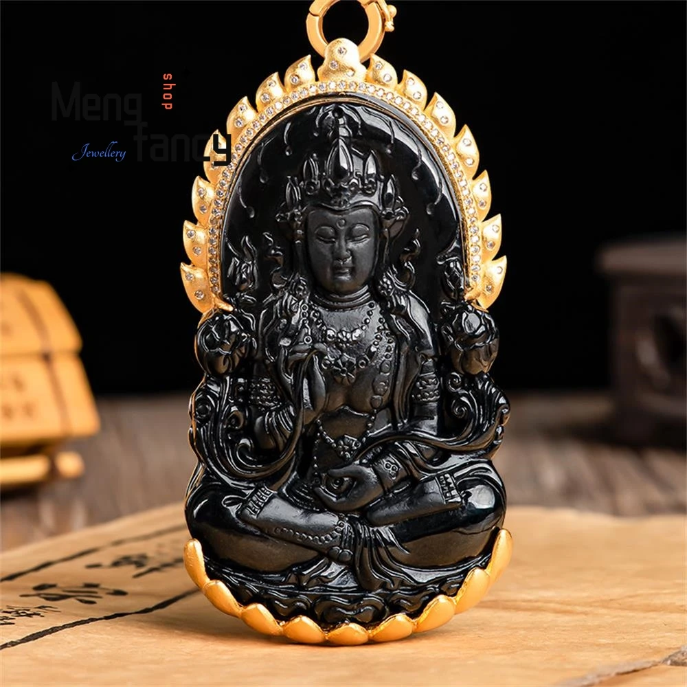 

Natural Jadeite A Goods Guanyin Pendant S925 Silver Inlay High Grade Ink Jade Pendant Buddhist Amulets Exquisite Fashion Jewelry