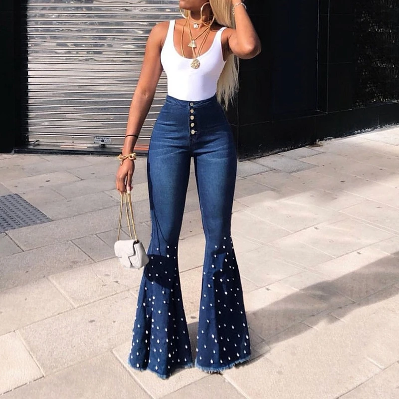 

Spring Female Solid High Waist Casual Bell Bottom Flare Jeans Women Autumn Beaded Denim Elastic Skinny Jeans Wide Leg Trousers