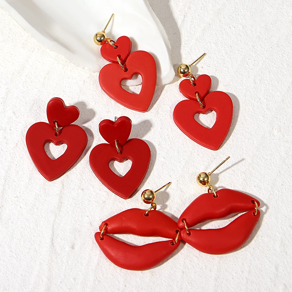 Lifefontier Red Lip Heart Love Polymer Clay Drop Earrings For Women Girls Unusual Valentine's Day Gifts Dangle Earring Jewelry